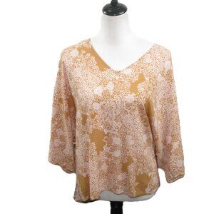 Andree by Unit Tan/Pink Floral Boho Blouse Size Large